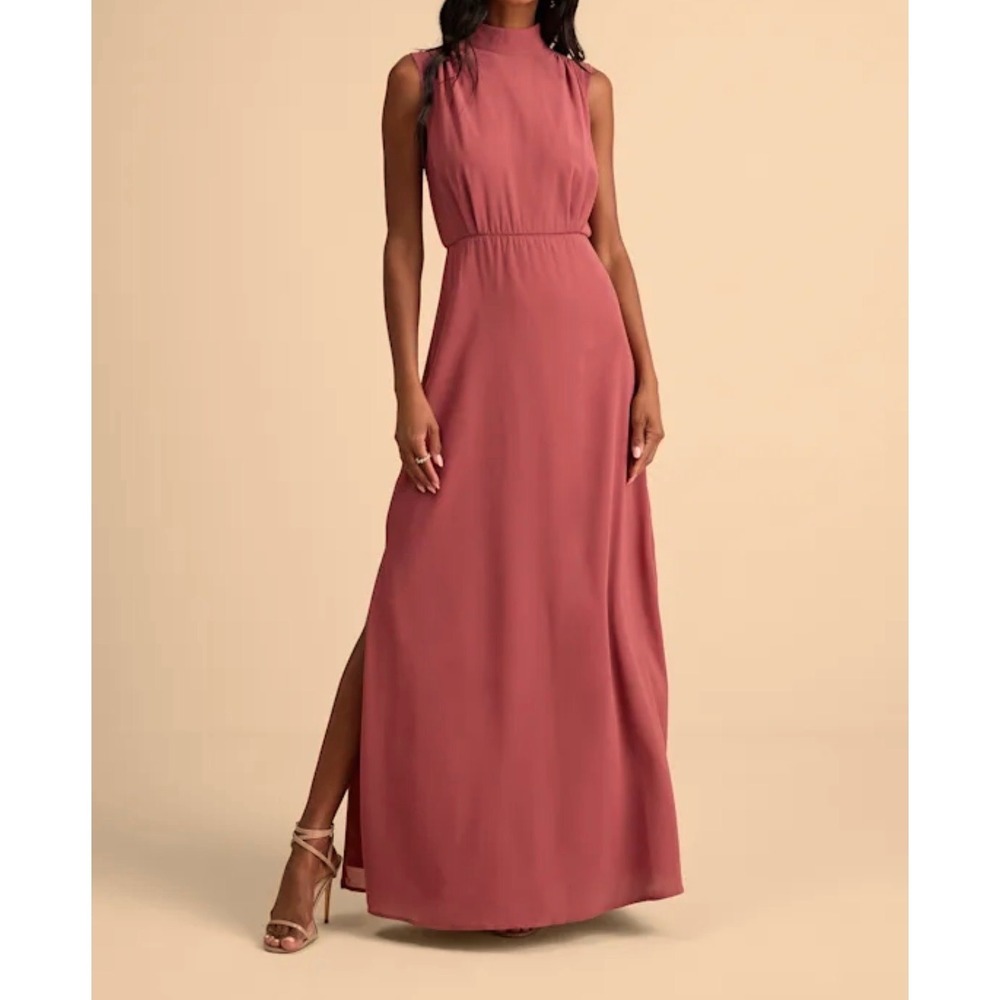 Lulus Classic Elegance Rusty Rose Sleeveless Mock Neck Maxi Dress Medium NWT